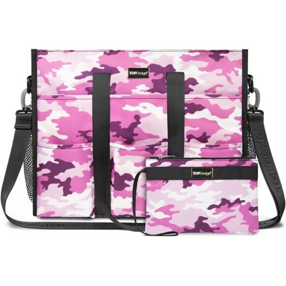 Utility Water Resistant Tote Bag with 22 Pockets Size L Pink Camouflage